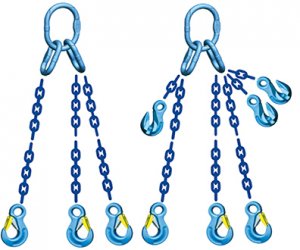 Grade 120 TOS Chain Sling - Triple Leg with Quad Oblong Master Link on Top and Three Sling Hooks w/ Latch on Bottom