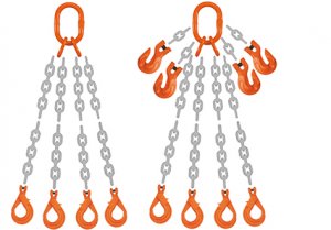 Grade 100 QOSL Chain Sling - Quad Leg w/ Quad Oblong Master Link on Top and Four Self Locking (Safety) Hooks on Bottom