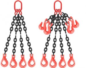 Grade 80 QOSL Chain Sling - Quad Leg w/ Quad Oblong Master Link on Top and Self Locking Hooks on Bottom