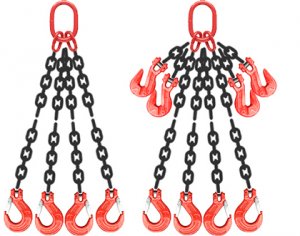 Grade 80 QOS Chain Sling - Quad Leg w/ Quad Oblong Master Link on Top and Sling Hooks (w/Latch)  on Bottom