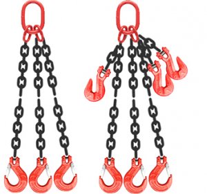 Grade 80 TOS Chain Sling - Triple Leg w/ Quad Oblong Master Link on Top and Sling Hooks w/ Latch on Bottom